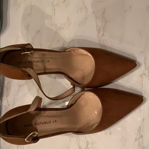 Brown suede pointed toe heels with ankle strap